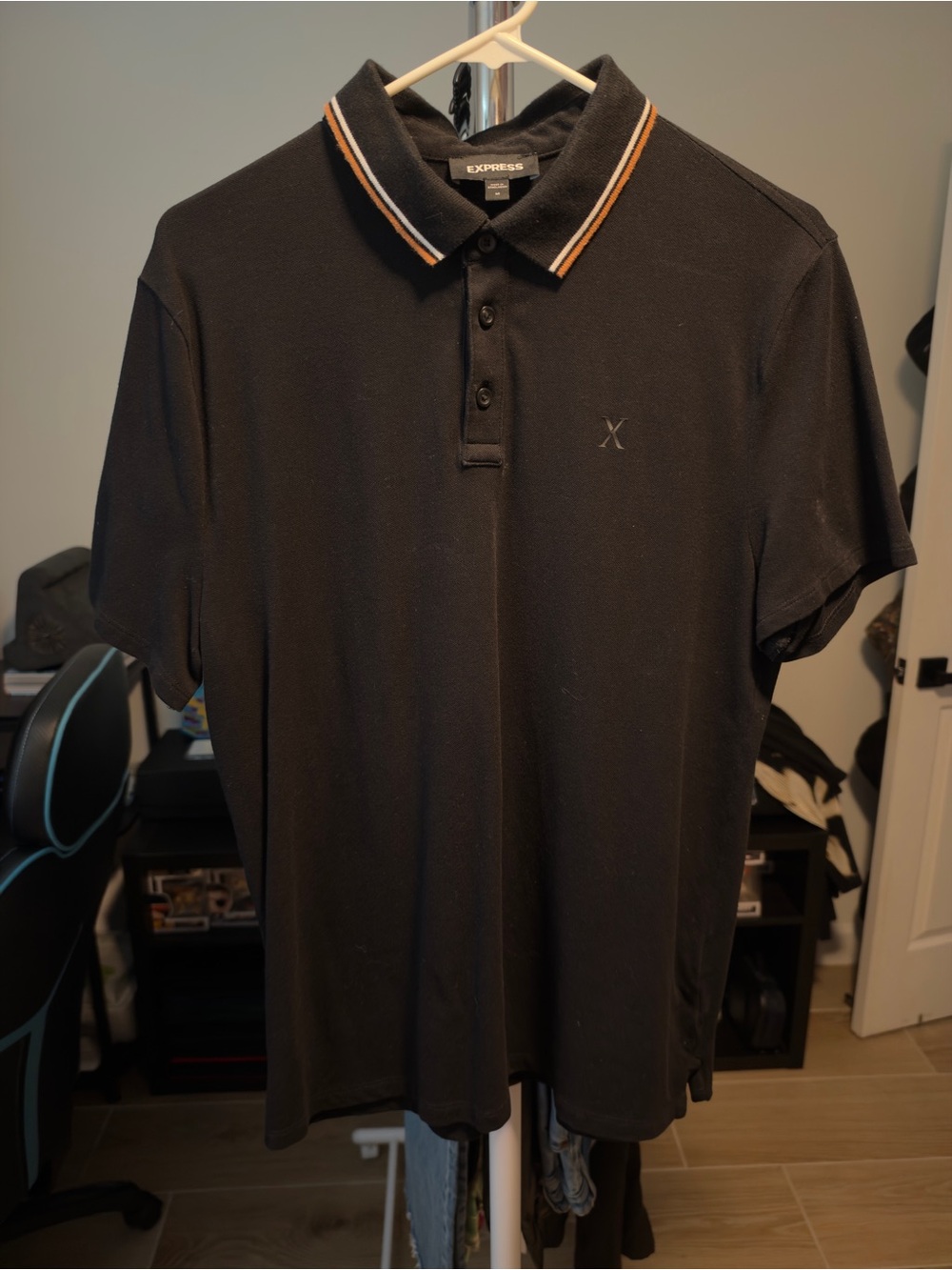 Express Black Polo with Orange and White Stripe Collar